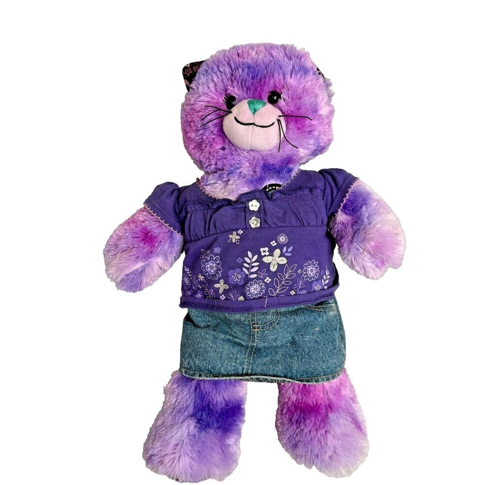 Build-A-Bear 18” Unique Peace Kitty Cat Plush Toy Pink Purple Blouse Jean Skirt-